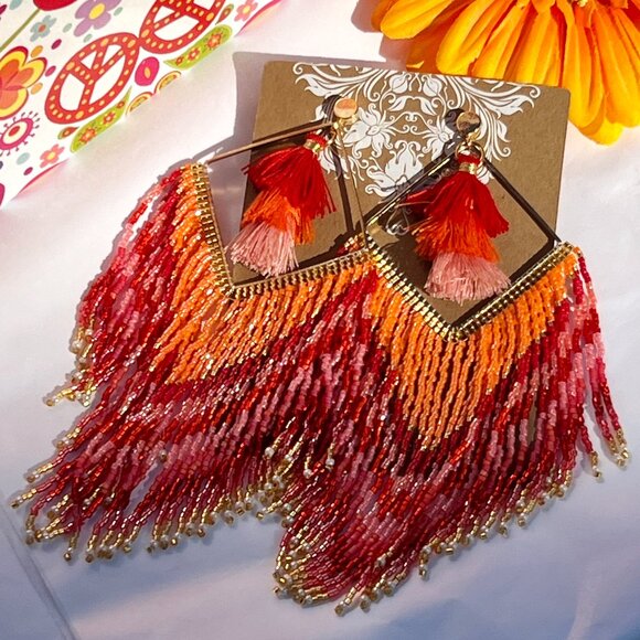 Handmade Beaded Long Tassel Fringe Dangle Drop Bohemian Post Diamond Earrings - Picture 6 of 9